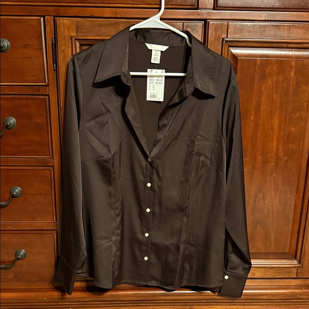 H&M Brown V-neck Satin Button-Up Blouse, XL NWT